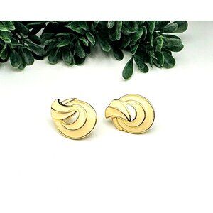 Vintage Gold Tone Swirl Cream enamel Finish Design Earrings by Trafari
